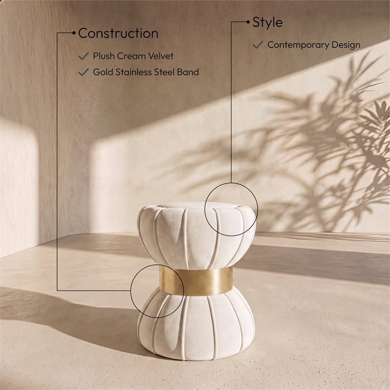 Meridian Furniture Vino Contemporary Velvet Ottoman/Stool in Cream