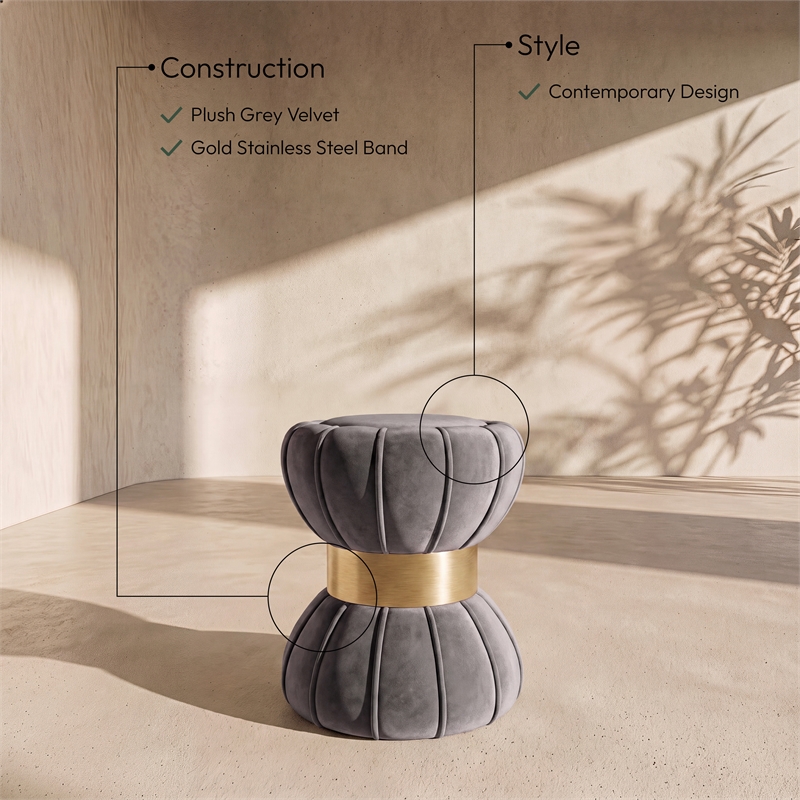 Meridian Furniture Vino Contemporary Velvet Ottoman/Stool in Gray