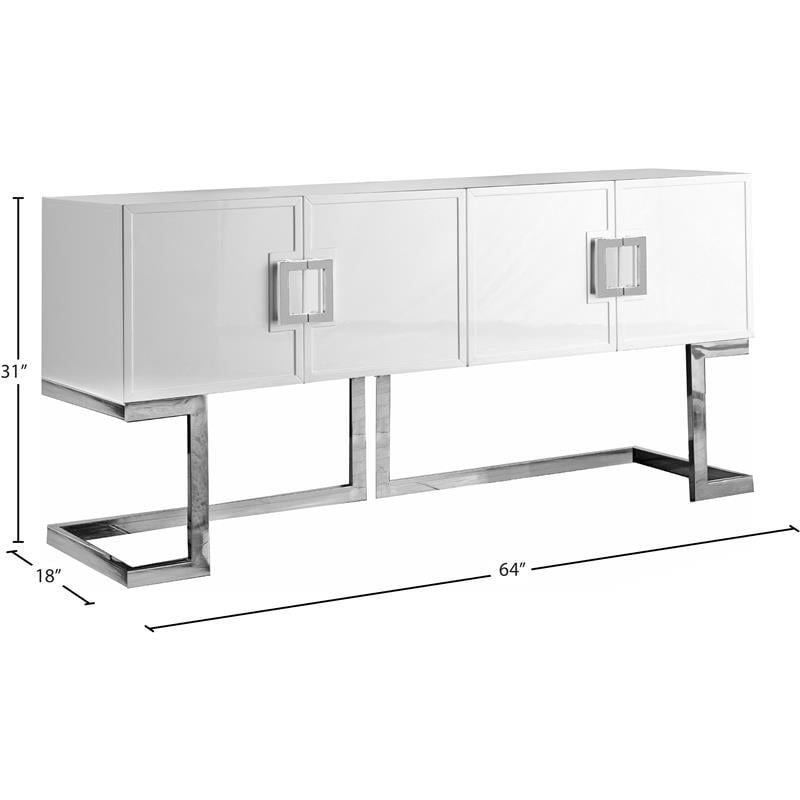 Meridian Furniture Beth Solid Wood Sideboard Buffet in White Lacquer and Chrome