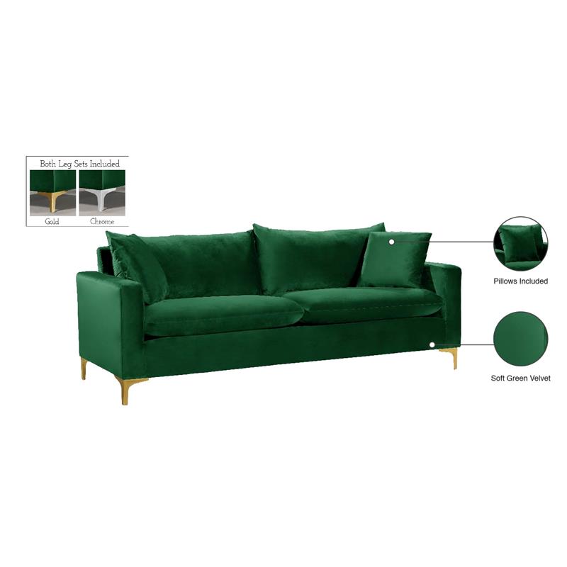 Meridian Furniture Naomi Contemporary Velvet Sofa in Green