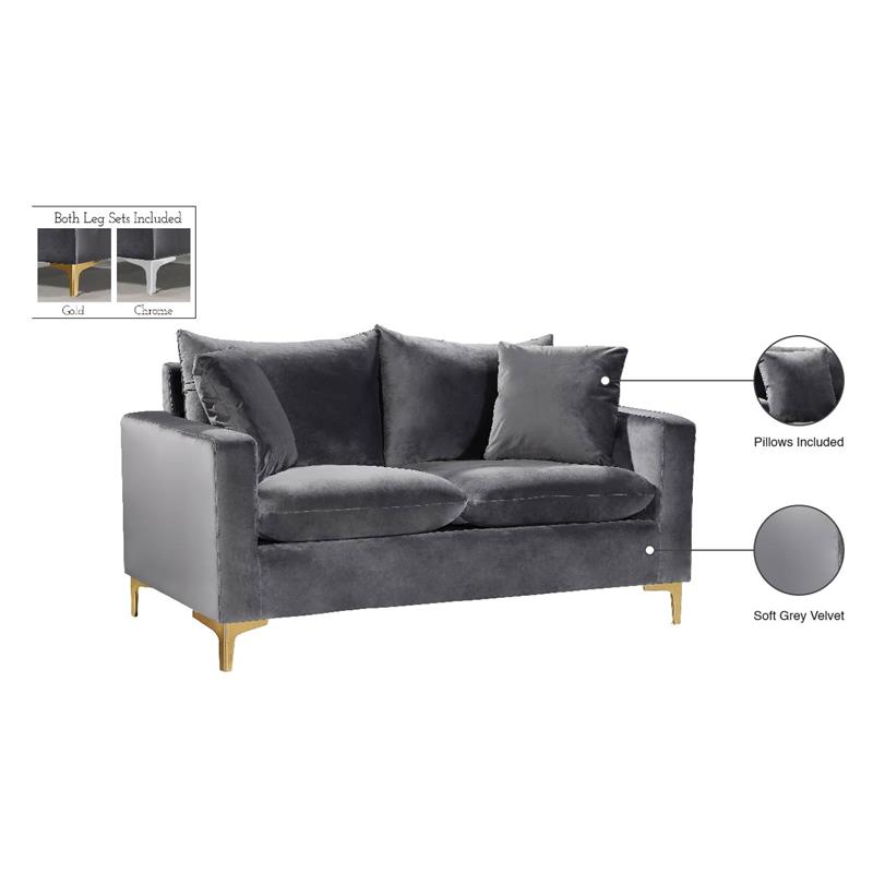 Meridian Furniture Naomi Contemporary Velvet Loveseat in Gray
