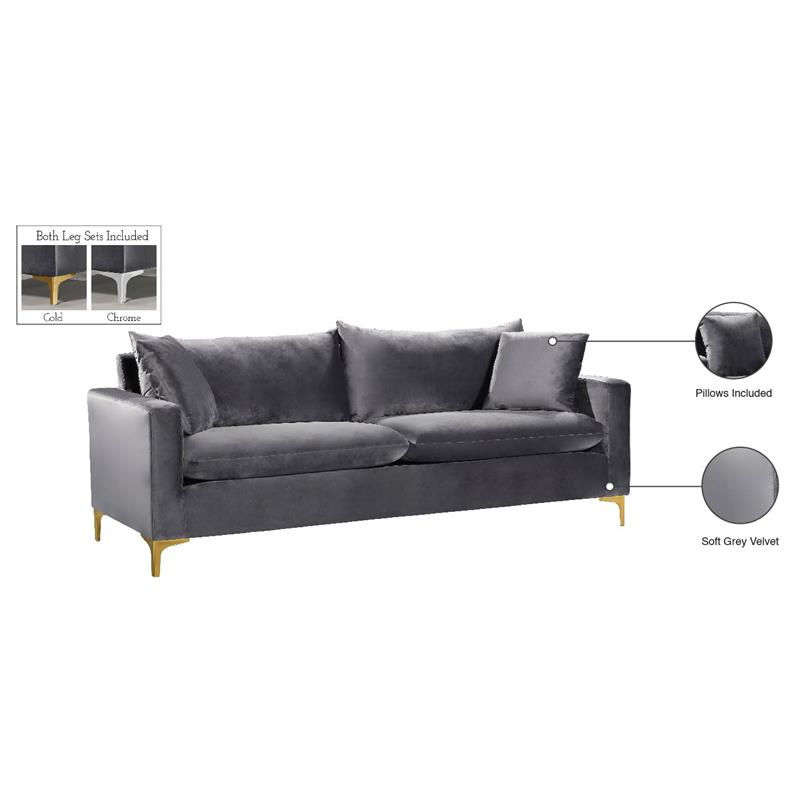 Meridian Furniture Naomi Contemporary Velvet Sofa in Gray