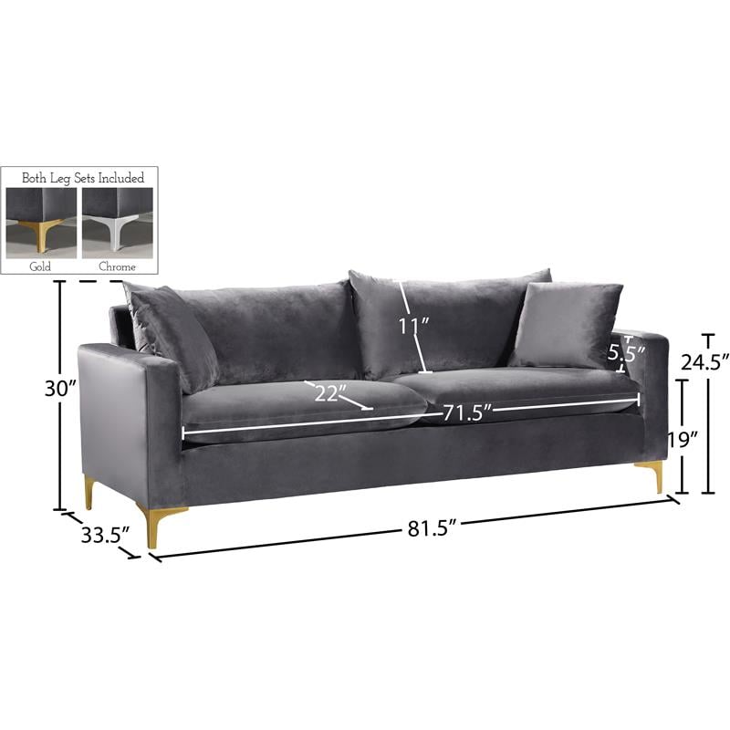 Meridian Furniture Naomi Contemporary Velvet Sofa in Gray