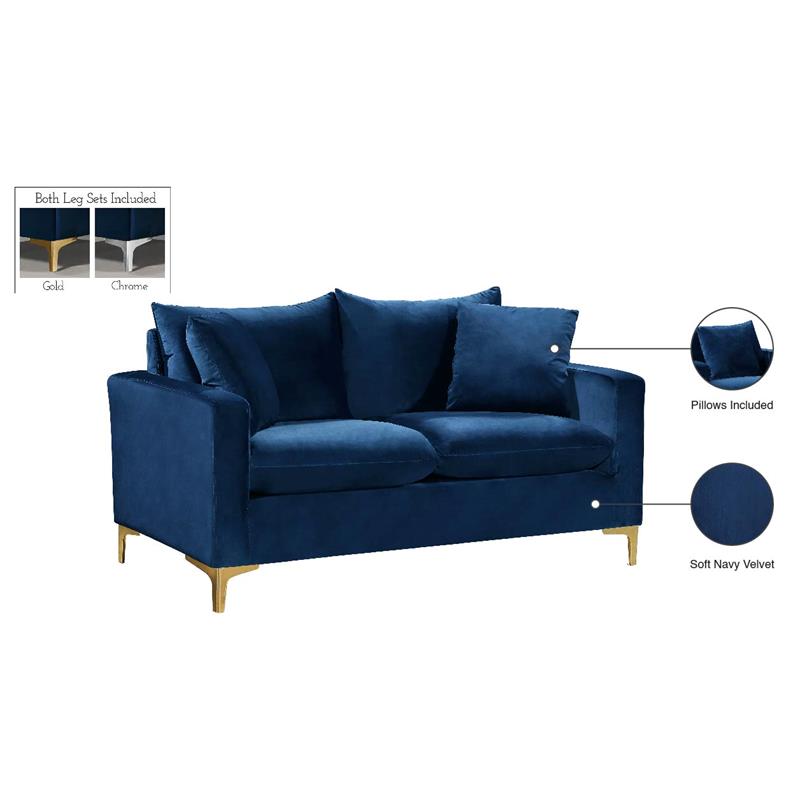 Meridian Furniture Naomi Contemporary Velvet Loveseat in Navy