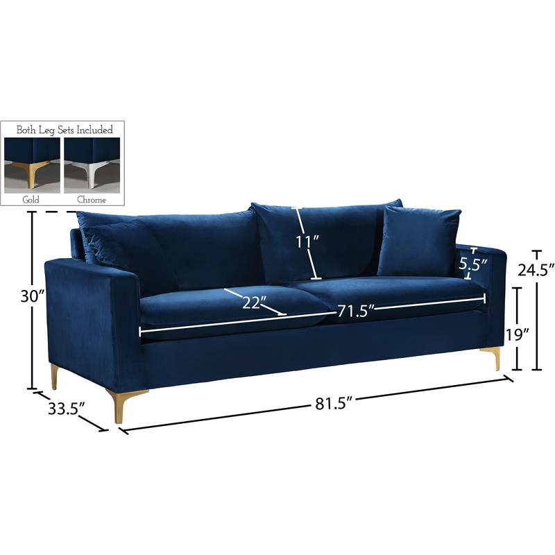 Meridian Furniture Naomi Contemporary Velvet Sofa in Navy