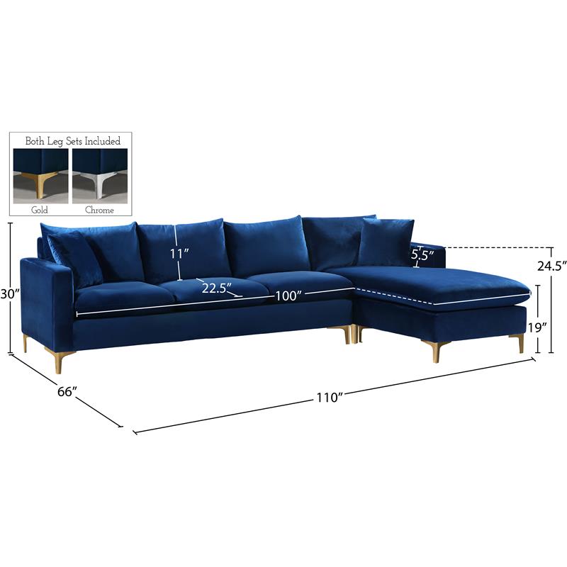 Meridian Furniture Naomi Contemporary 2pc Velvet Reversible Sectional in Navy