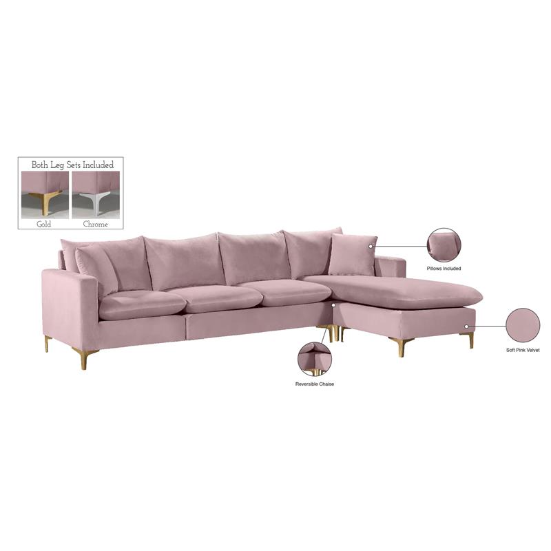 Meridian Furniture Naomi Contemporary 2pc Velvet Reversible Sectional in Pink