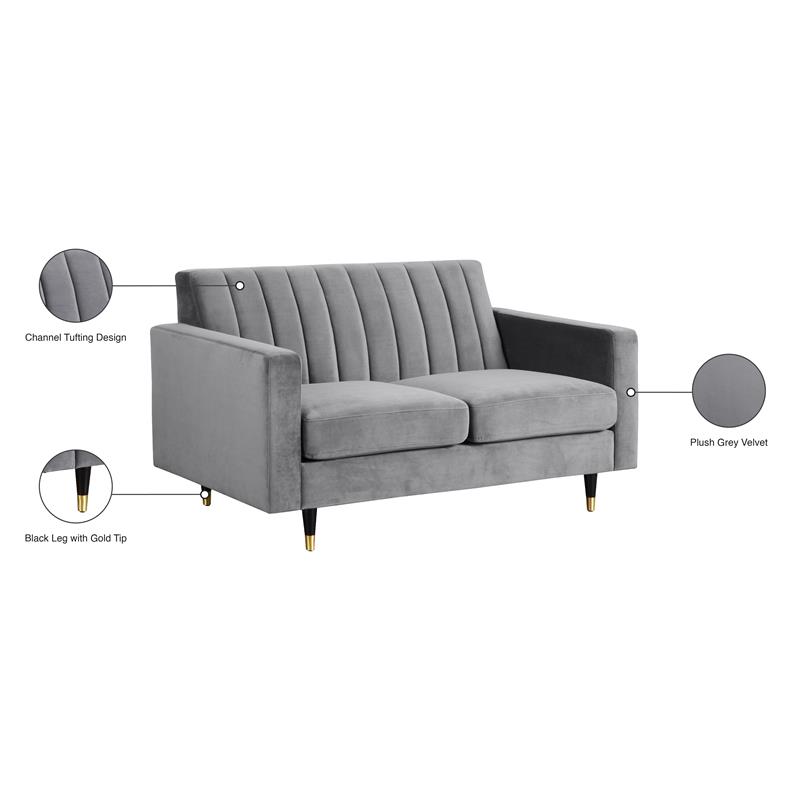 Meridian Furniture Lola Contemporary Velvet Loveseat in Gray