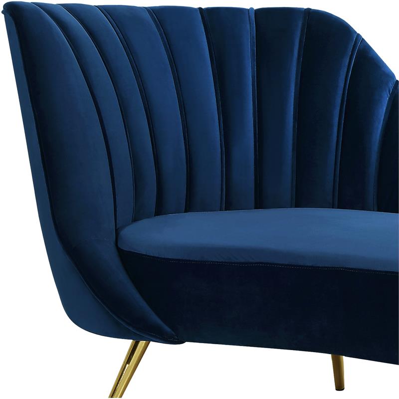 Meridian Furniture Margo Velvet Curved Back Chaise Lounge in Navy/Gold Legs