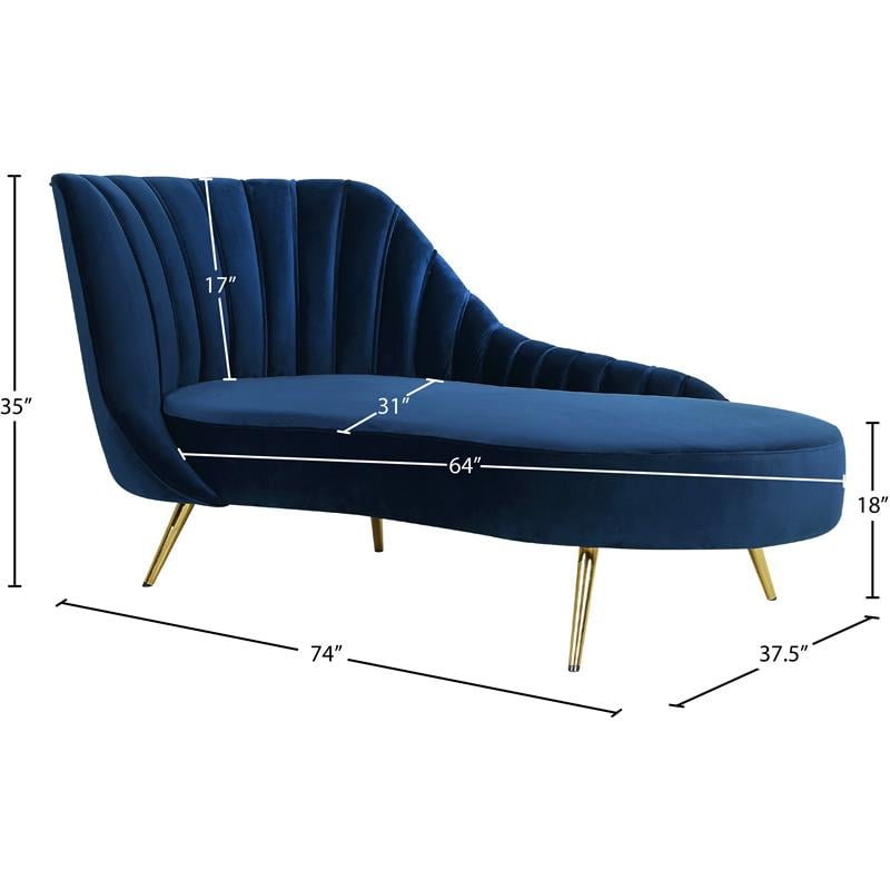 Meridian Furniture Margo Velvet Curved Back Chaise Lounge in Navy/Gold Legs