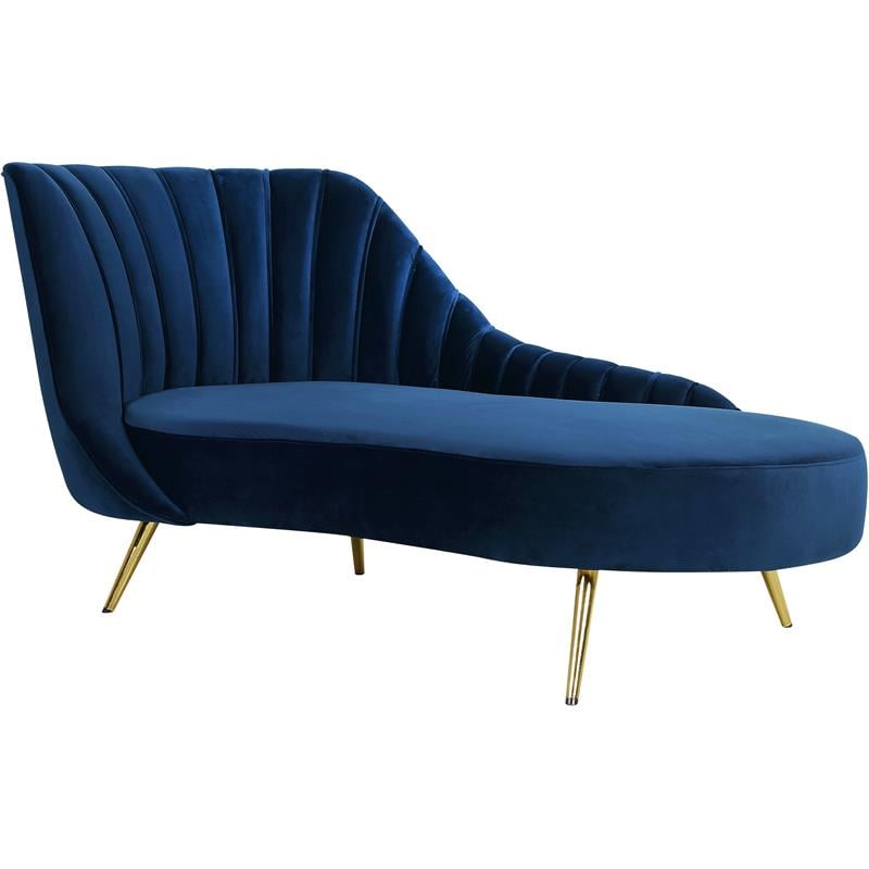 Meridian Furniture Margo Velvet Curved Back Chaise Lounge in Navy/Gold Legs