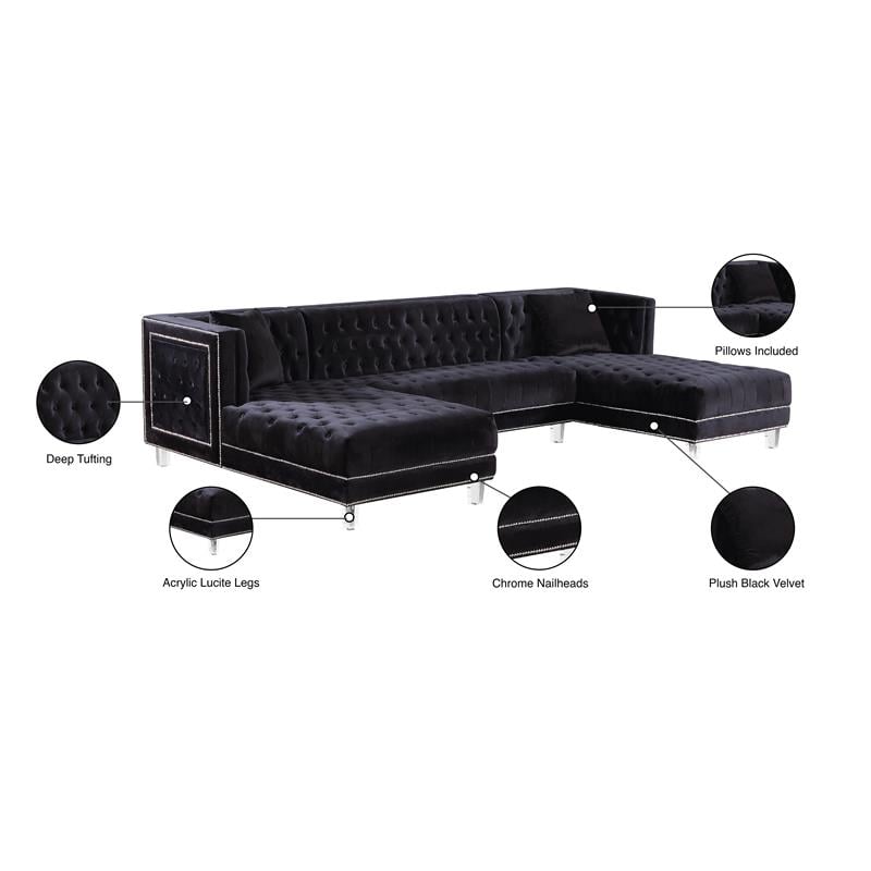 Meridian Furniture Moda 3pc Velvet Sectional in Black