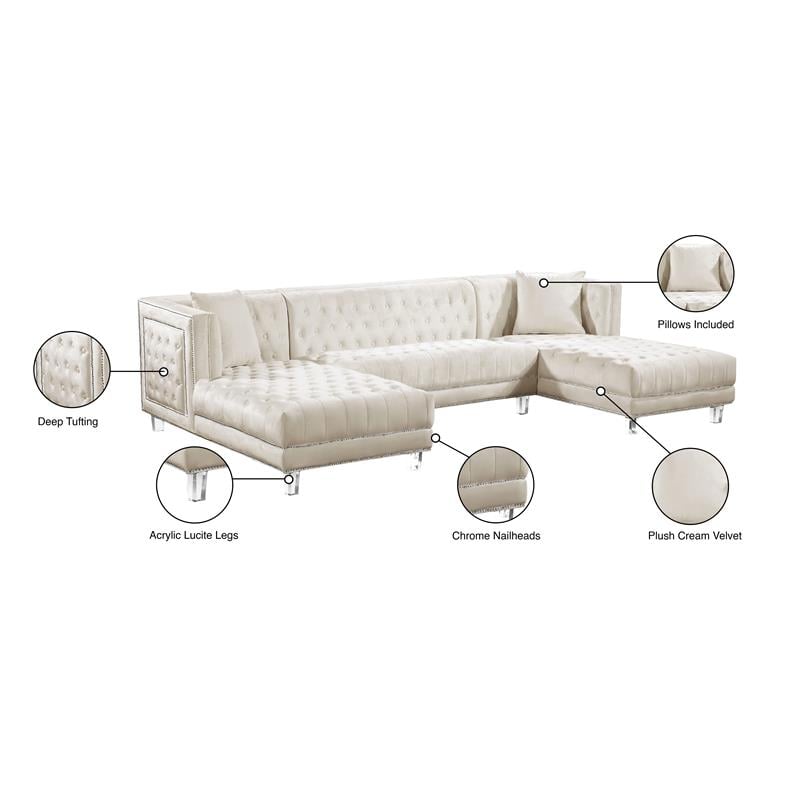 Meridian Furniture Moda 3pc Velvet Sectional in Cream