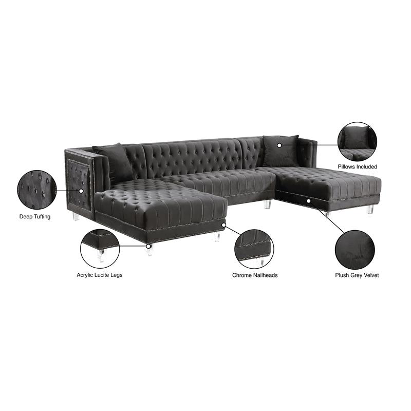 Meridian Furniture Moda 3pc Velvet Sectional in Gray