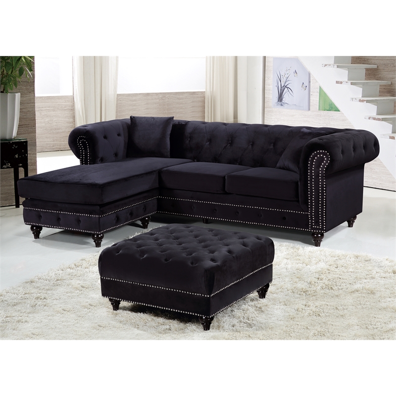 Meridian Furniture Sabrina Contemporary 2pc Velvet Reversible Sectional in Black
