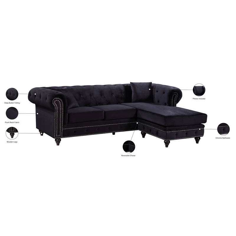 Meridian Furniture Sabrina Contemporary 2pc Velvet Reversible Sectional in Black