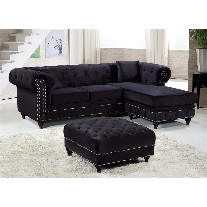 Meridian Furniture Sabrina Contemporary 2pc Velvet Reversible Sectional in Black