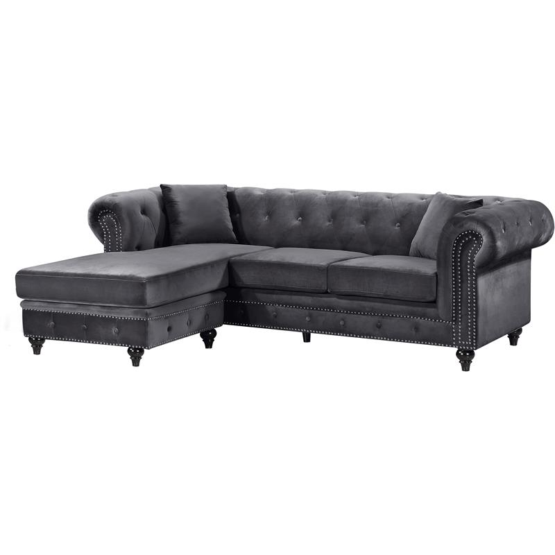 Meridian Furniture Sabrina Contemporary 2pc Velvet Reversible Sectional in Gray
