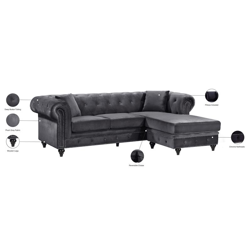 Meridian Furniture Sabrina Contemporary 2pc Velvet Reversible Sectional in Gray
