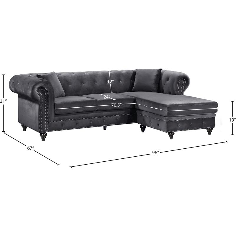 Meridian Furniture Sabrina Contemporary 2pc Velvet Reversible Sectional in Gray