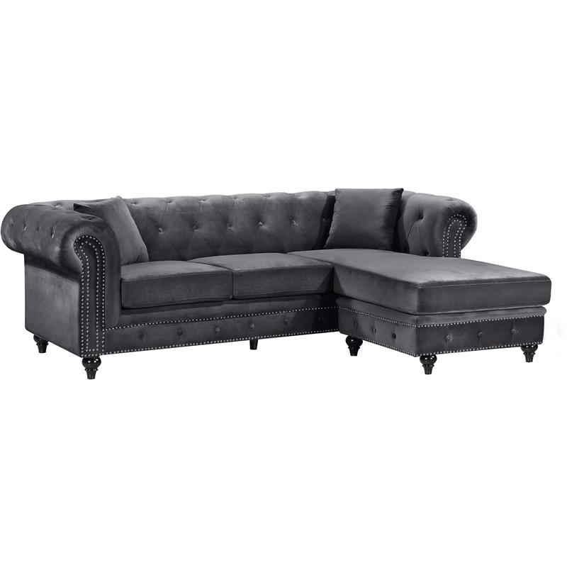 Meridian Furniture Sabrina Contemporary 2pc Velvet Reversible Sectional in Gray