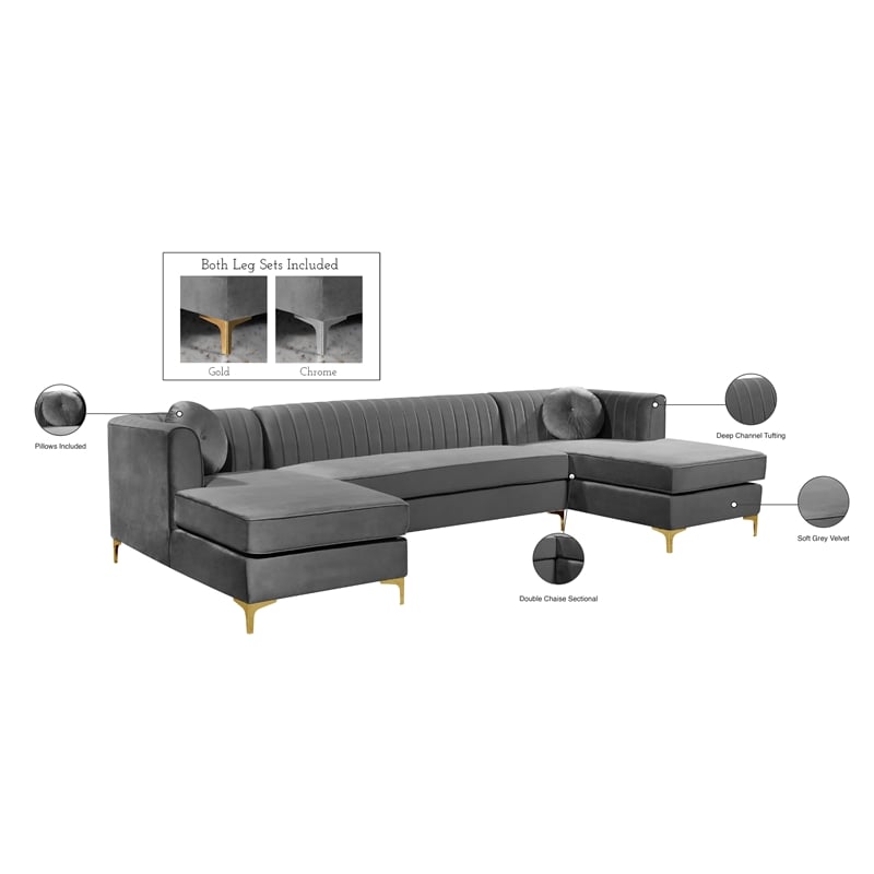 Meridian Furniture Graham 3pc Velvet Sectional in Gray