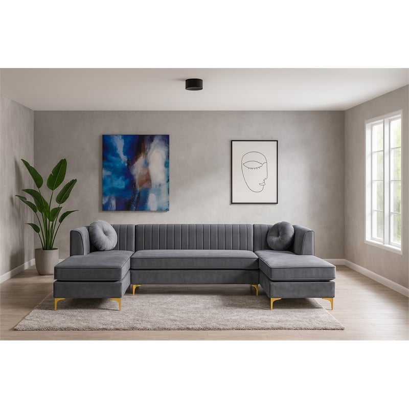 Meridian Furniture Graham 3pc Velvet Sectional in Gray