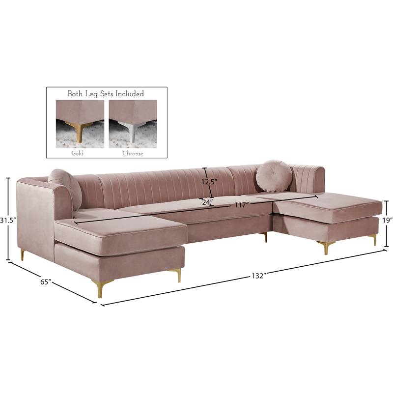 Meridian Furniture Graham 3pc Velvet Sectional in Pink