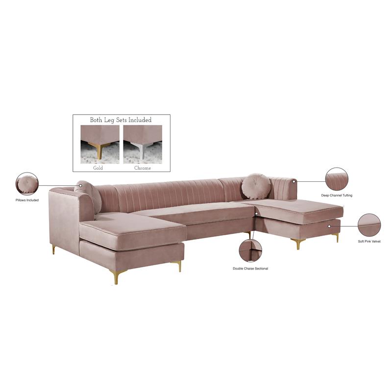 Meridian Furniture Graham 3pc Velvet Sectional in Pink