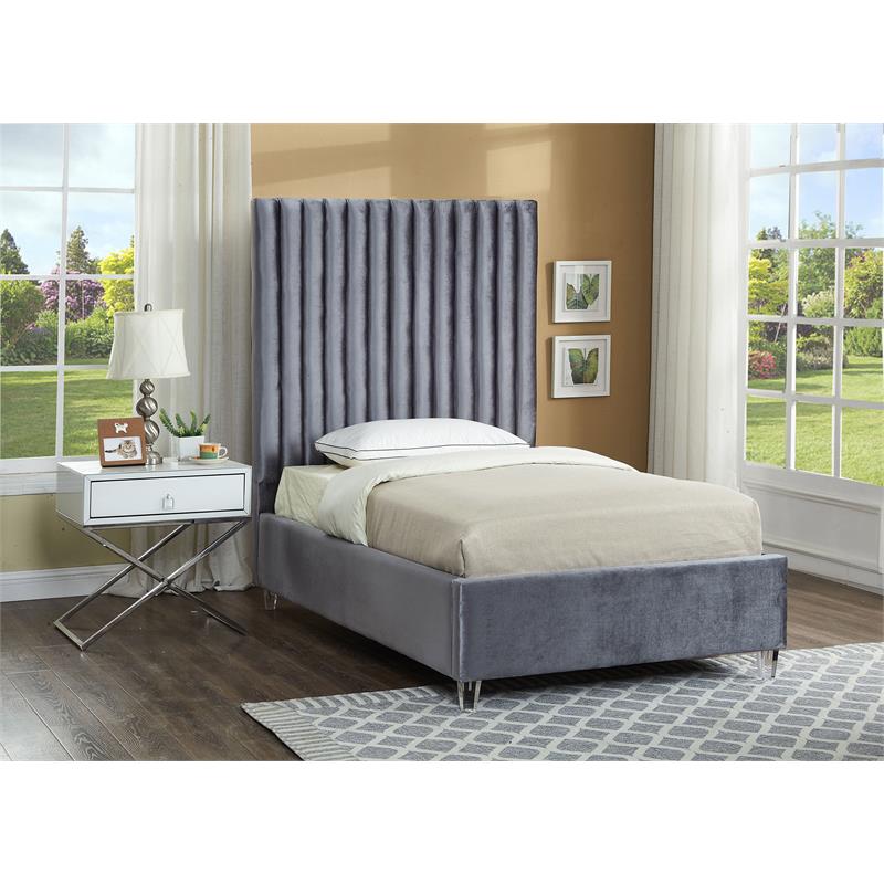 Meridian Furniture Candace Solid Wood Tufted Velvet Twin Bed in Gray