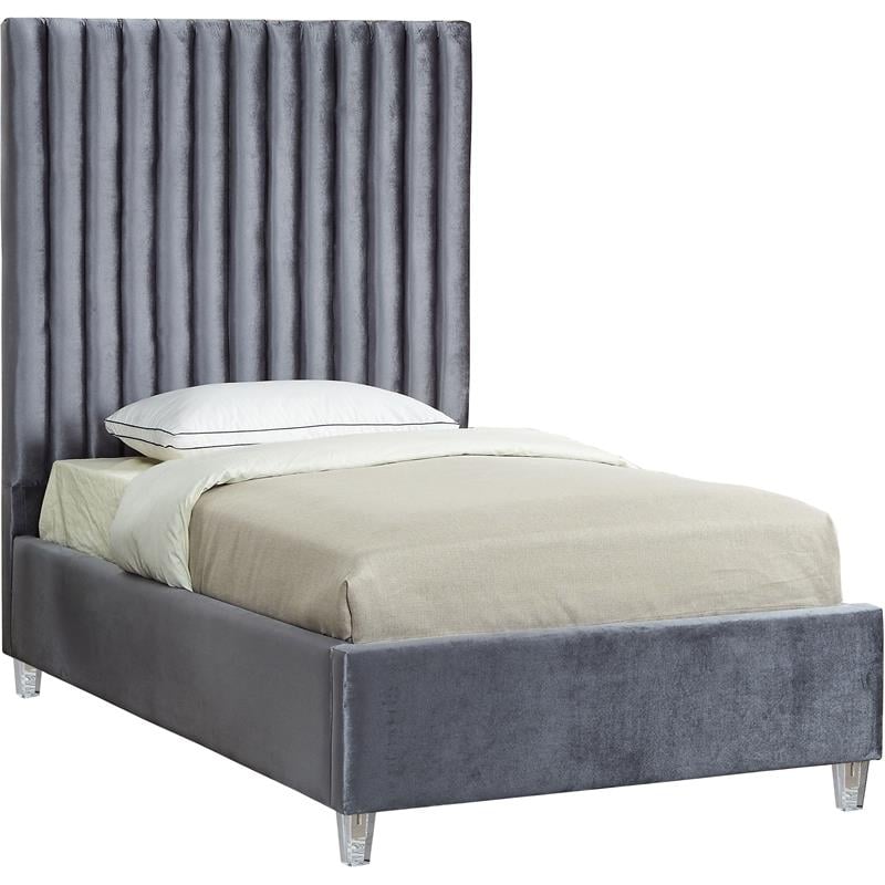 Meridian Furniture Candace Solid Wood Tufted Velvet Twin Bed in Gray