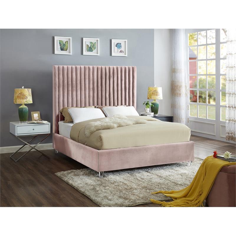 Meridian Furniture Candace Solid Wood Tufted Velvet King Bed in Pink