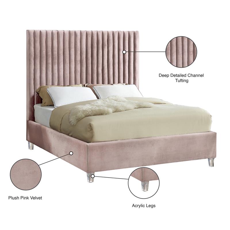 Meridian Furniture Candace Solid Wood Tufted Velvet Queen Bed in Pink