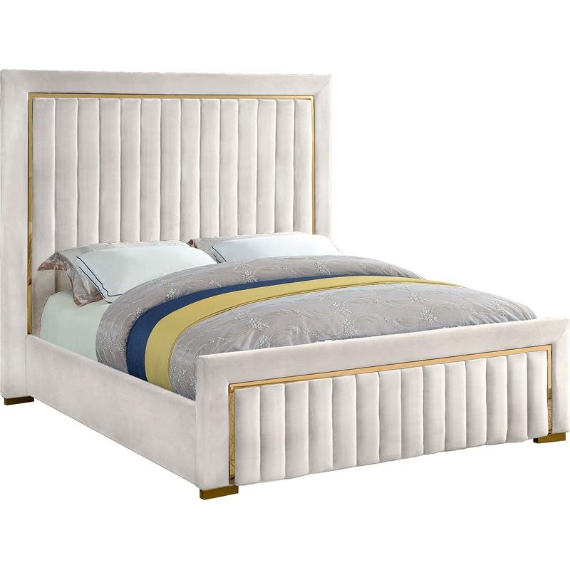 Meridian Furniture Dolce Solid Wood and Velvet Queen Bed in Cream