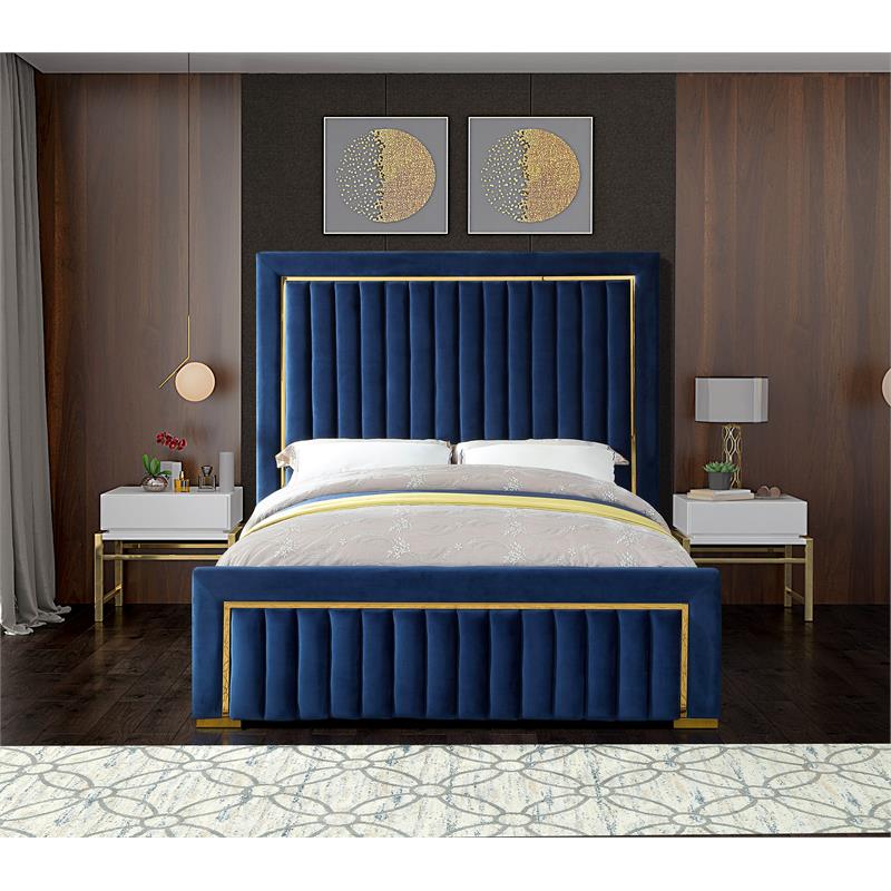 Meridian Furniture Dolce Solid Wood and Velvet King Bed in Navy