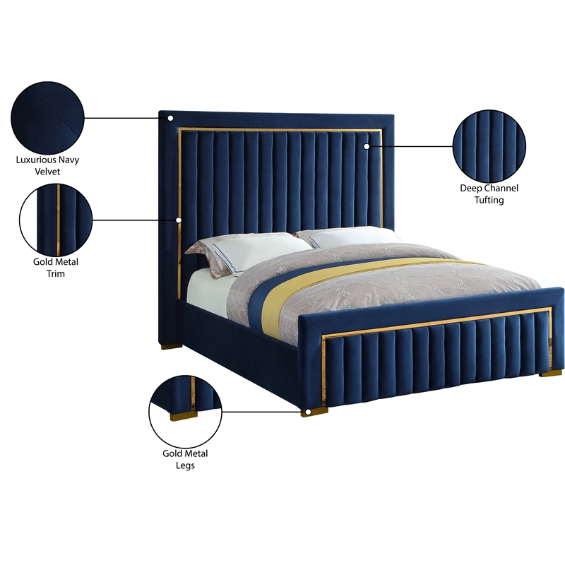 Meridian Furniture Dolce Solid Wood and Velvet Queen Bed in Navy