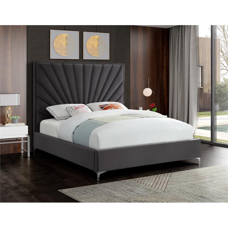 Meridian Furniture Eclipse Solid Wood and Velvet Full Bed in Gray
