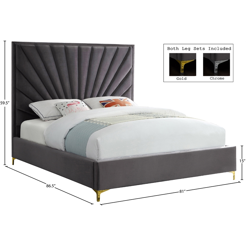 Meridian Furniture Eclipse Solid Wood and Velvet King Bed in Gray