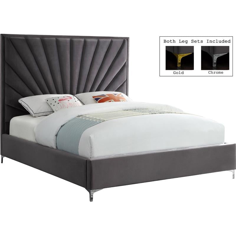 Meridian Furniture Eclipse Solid Wood and Velvet Queen Bed in Gray
