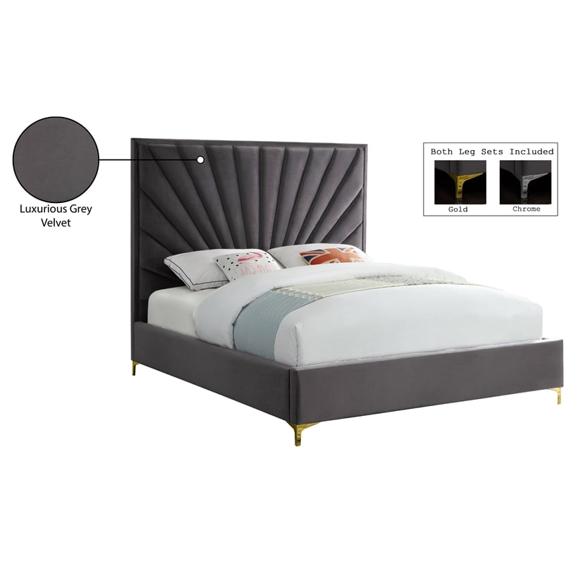 Meridian Furniture Eclipse Solid Wood and Velvet Queen Bed in Gray