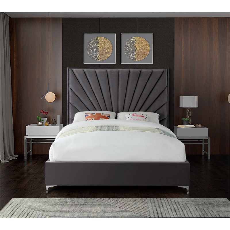 Meridian Furniture Eclipse Solid Wood and Velvet Queen Bed in Gray