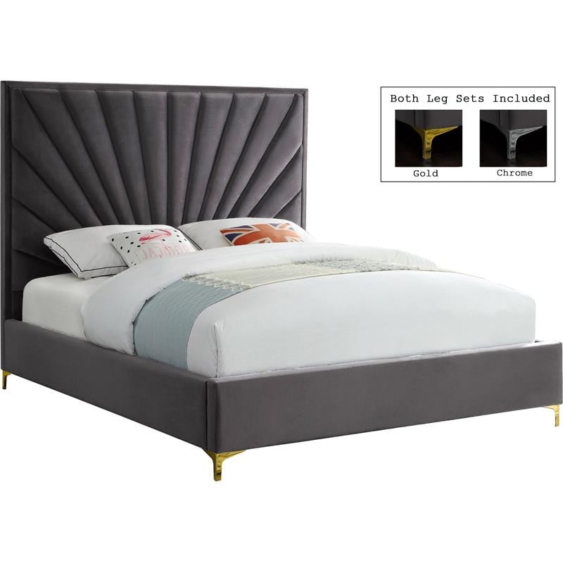 Meridian Furniture Eclipse Solid Wood and Velvet Queen Bed in Gray