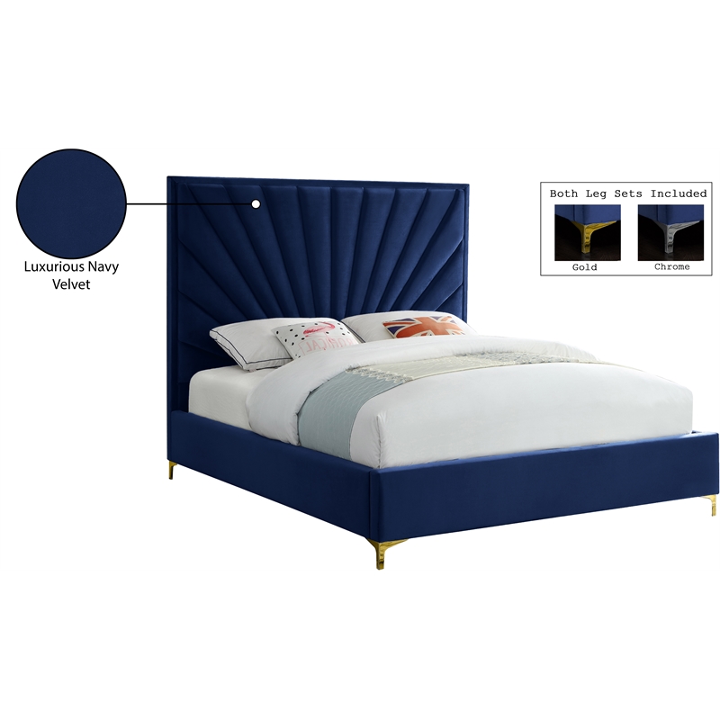 Meridian Furniture Eclipse Solid Wood and Velvet King Bed in Navy