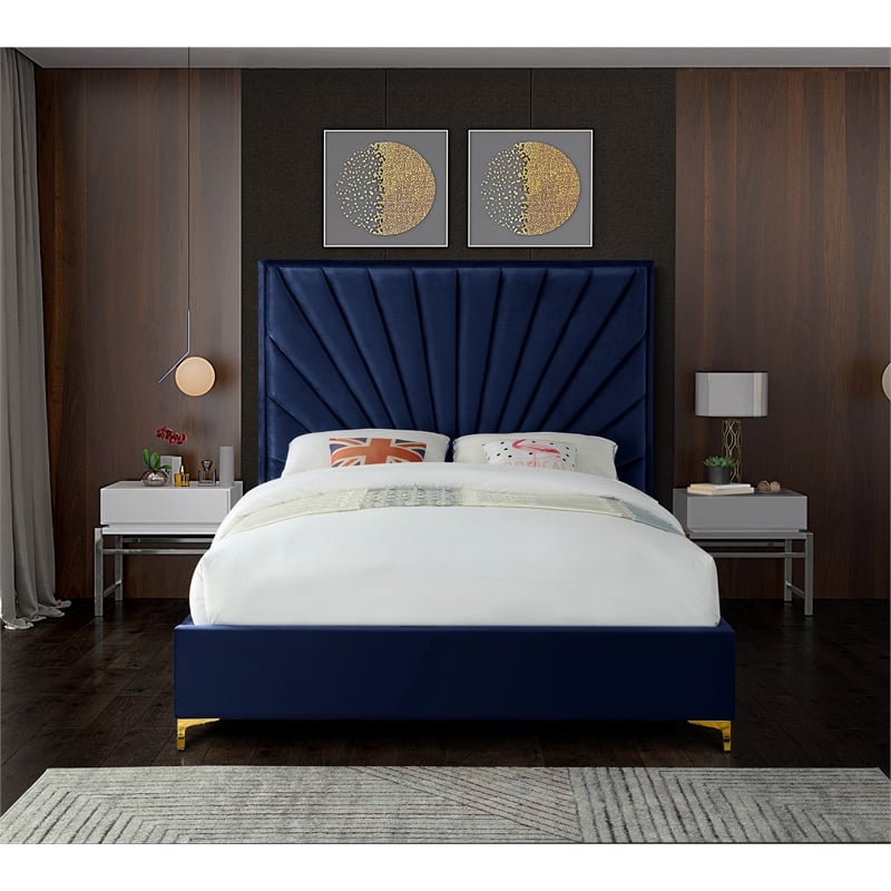 Meridian Furniture Eclipse Solid Wood and Velvet King Bed in Navy