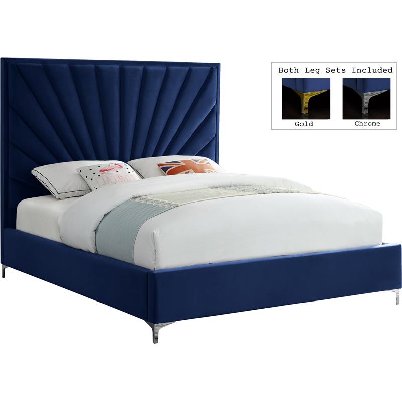 Meridian Furniture Eclipse Solid Wood and Velvet Queen Bed in Navy