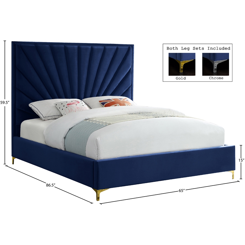 Meridian Furniture Eclipse Solid Wood and Velvet Queen Bed in Navy