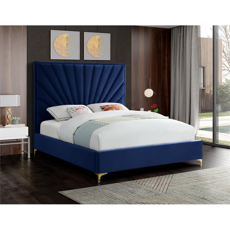 Meridian Furniture Eclipse Solid Wood and Velvet Queen Bed in Navy