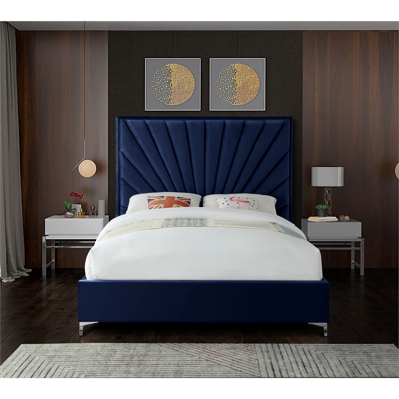 Meridian Furniture Eclipse Solid Wood and Velvet Queen Bed in Navy