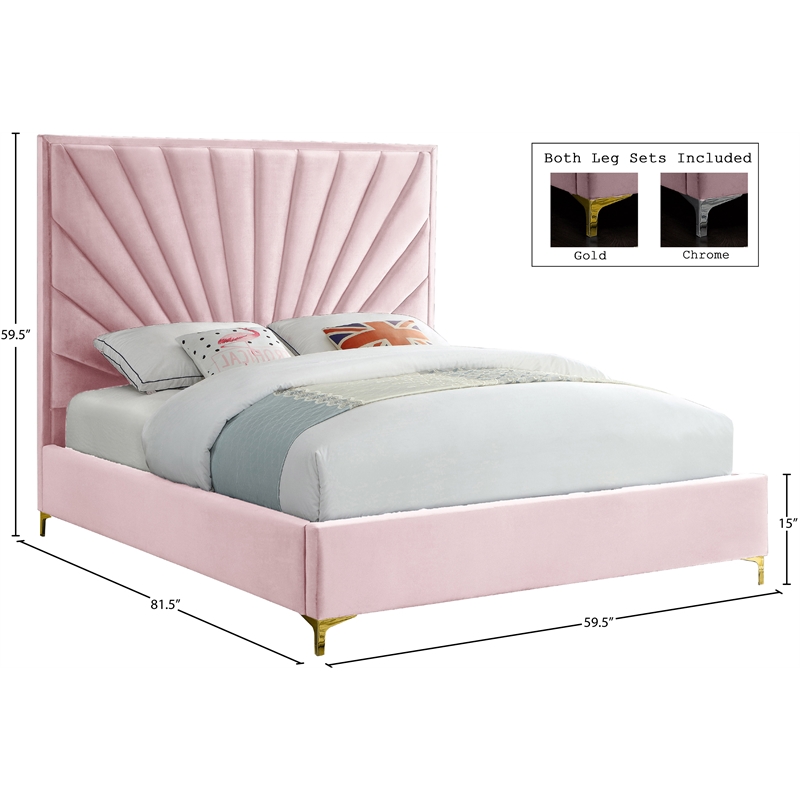 Meridian Furniture Eclipse Solid Wood and Velvet Full Bed in Pink
