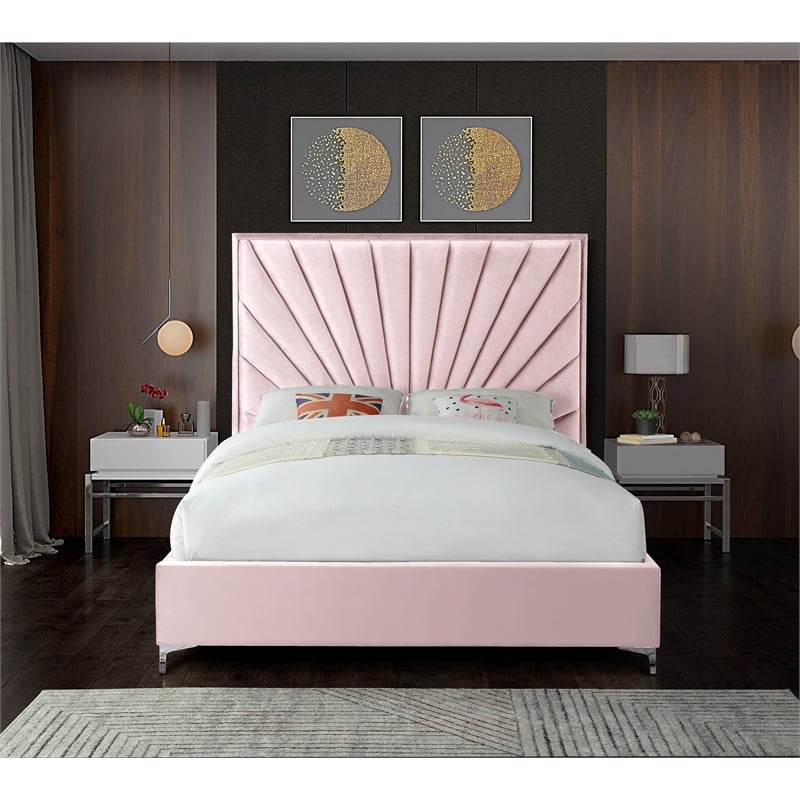 Meridian Furniture Eclipse Solid Wood and Velvet King Bed in Pink